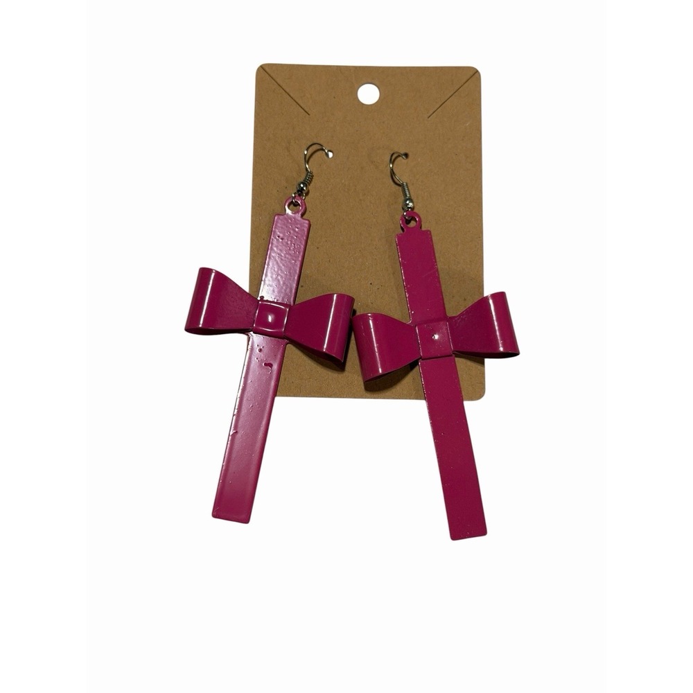Hot Pink Cross Bow Drop Earrings Fuchsia Enameled Metal Gothic Y2K Statement